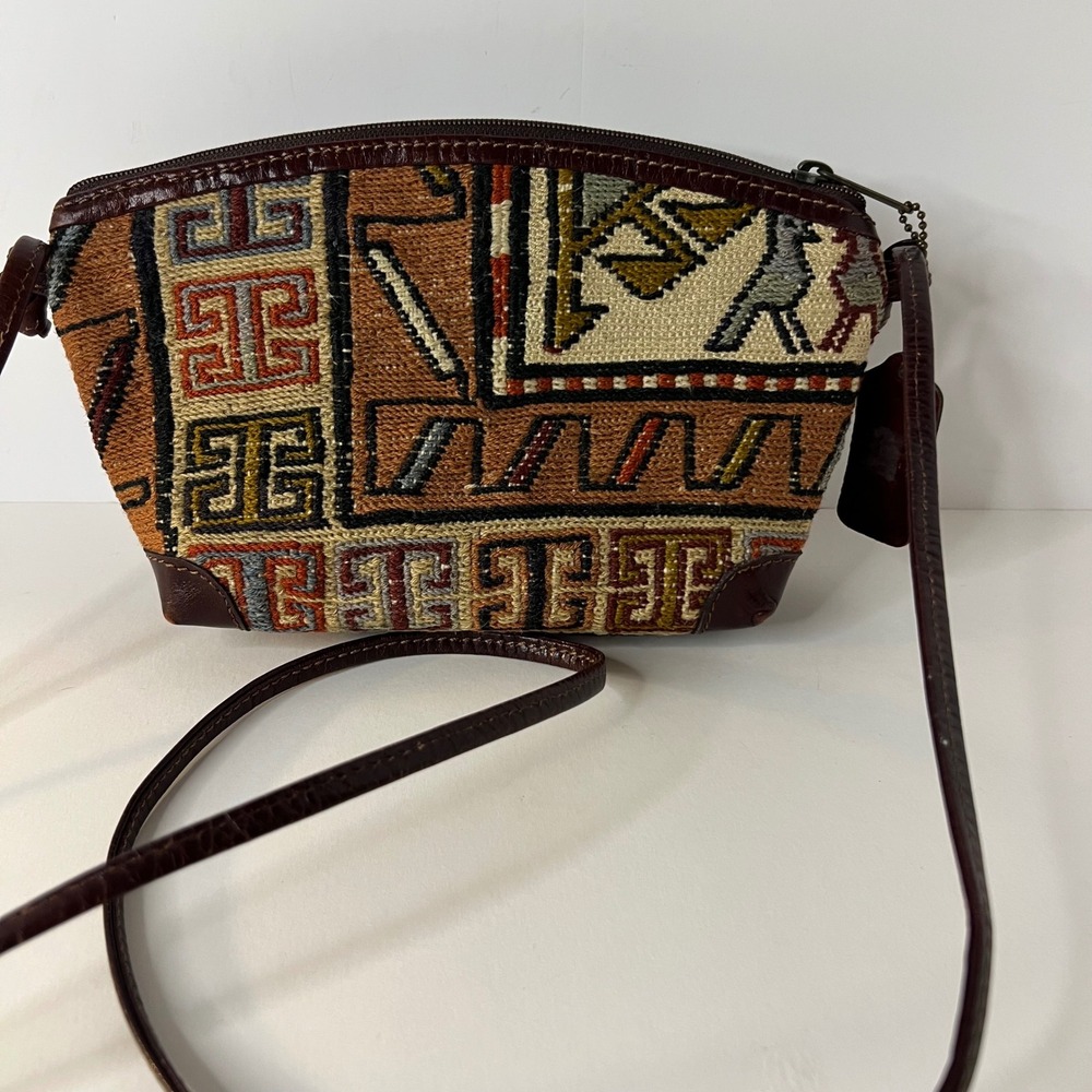 Kilim Art Aztec Tapestry Leather Crossbody Bag Brown Red Cream Gray 5 x 9"‎
